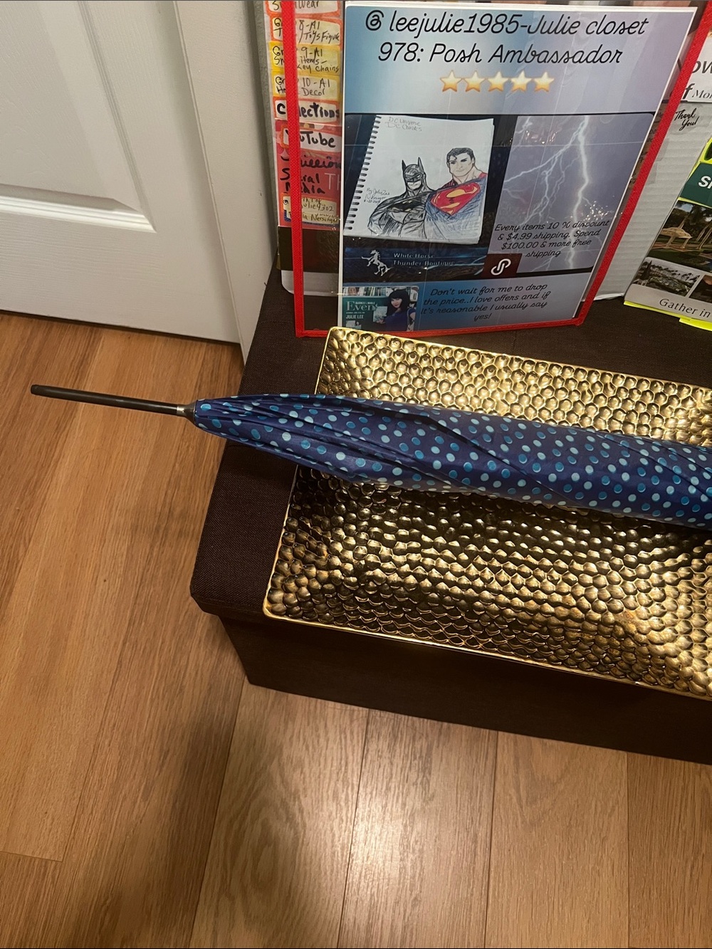#2535*”24x 35” Long-Navy Polka Dot Compact Umbrella - Picture 5 of 17